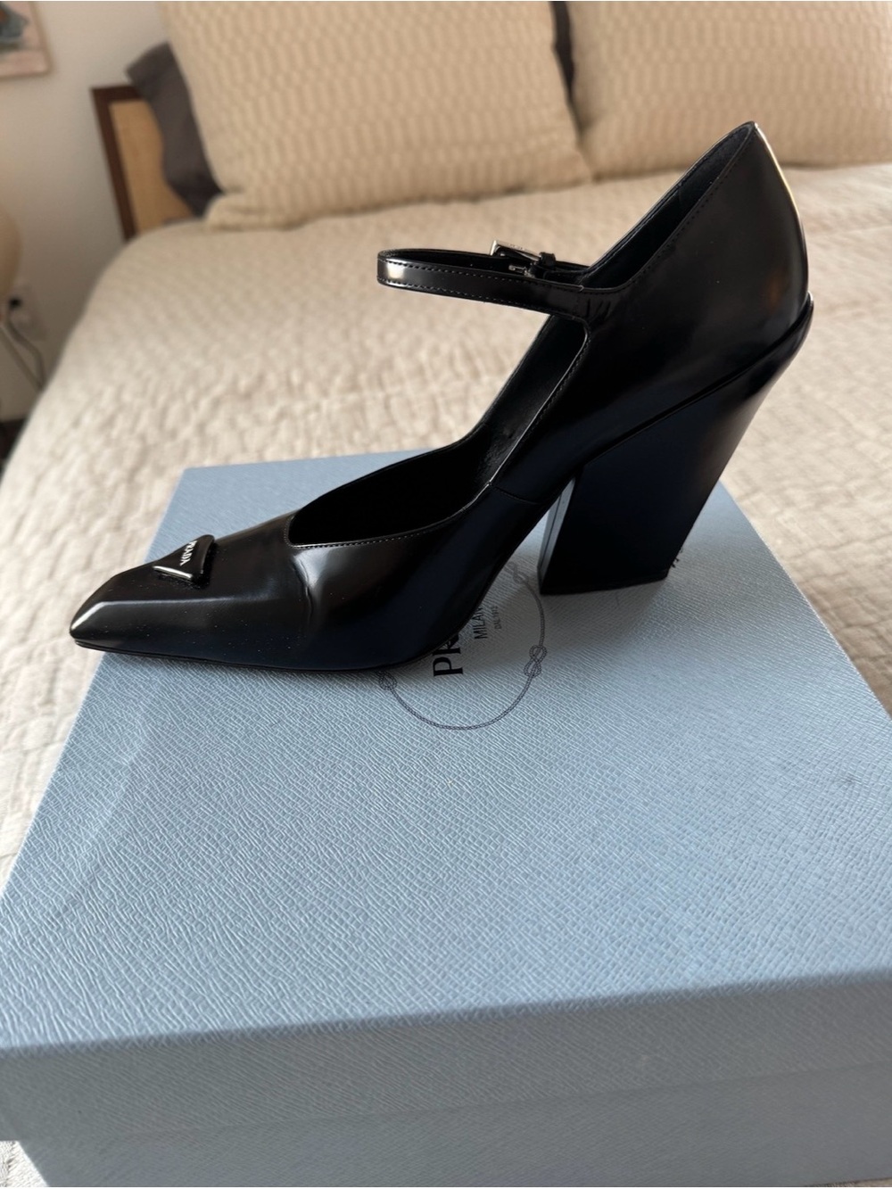 Prada Black Leather Mary Jane Pointed-Toe Pumps